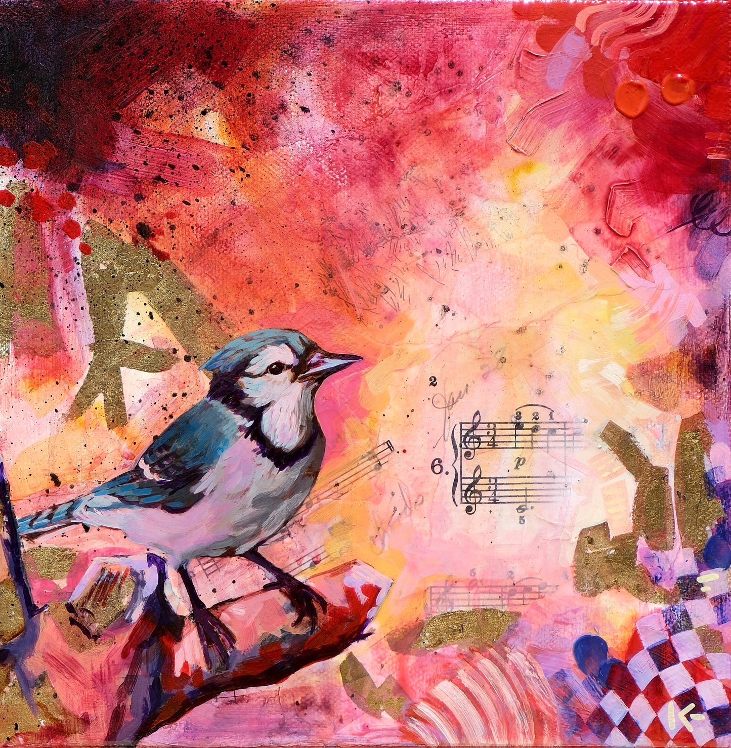 Colorful artwork with a bird, musical notes, and abstract elements