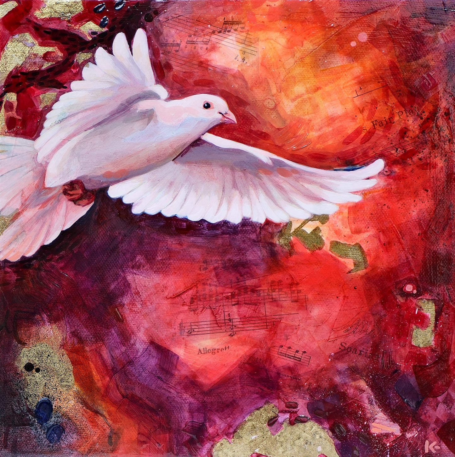 White dove against a colorful abstract background with musical notes